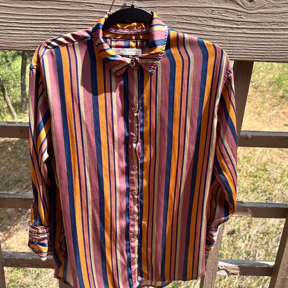 Free People Striped Satin Boyfriend Button-Down Shirt